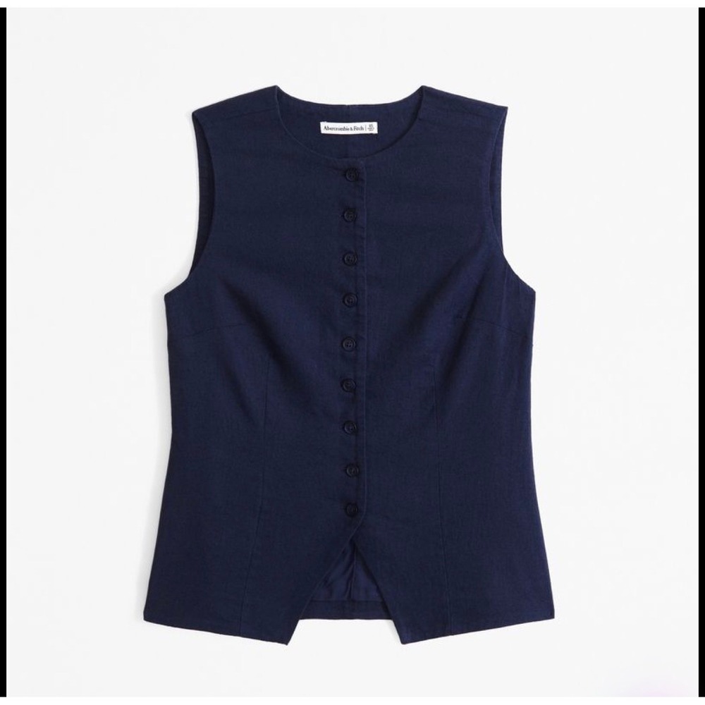 Abercrombie Linen Blend Vest Top Navy Button Front Quiet Luxury Capsule Wardrobe